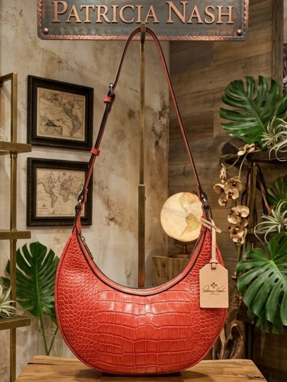 Patricia Nash Papaya Croc-Embossed Crescent Shoulder Bag - NEW